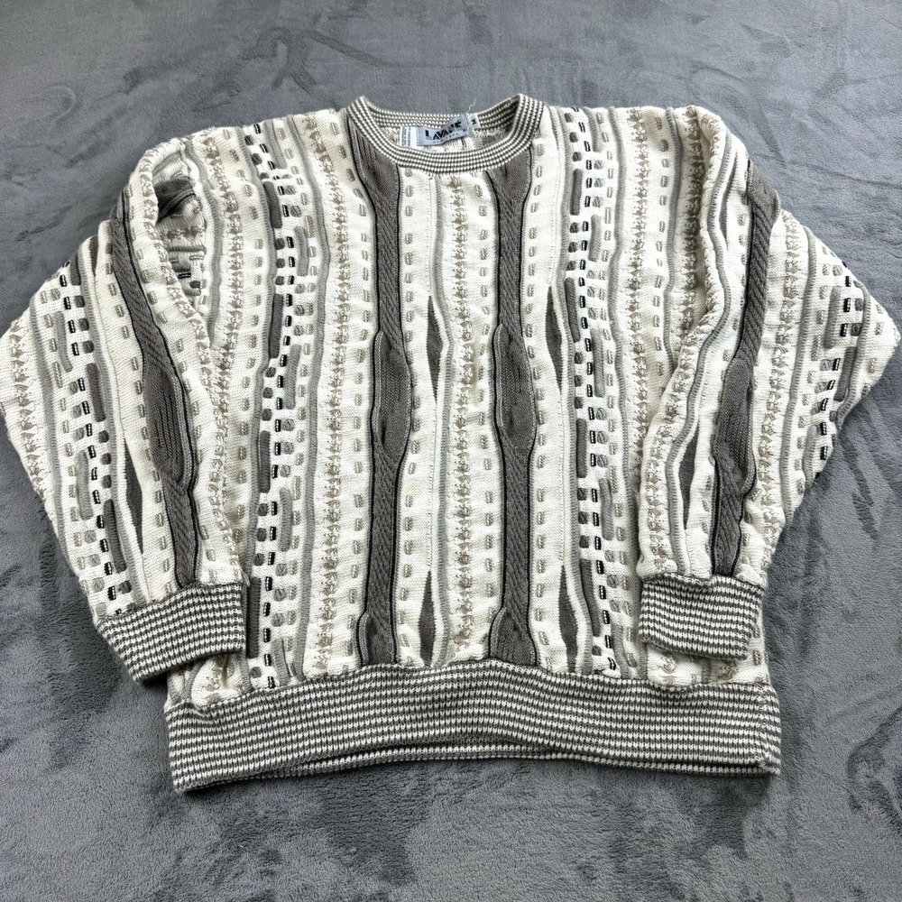 Vintage Lavane‎ 3D Knit Sweater Size M Retro Grandpa Hip Hop Crewneck Heavy